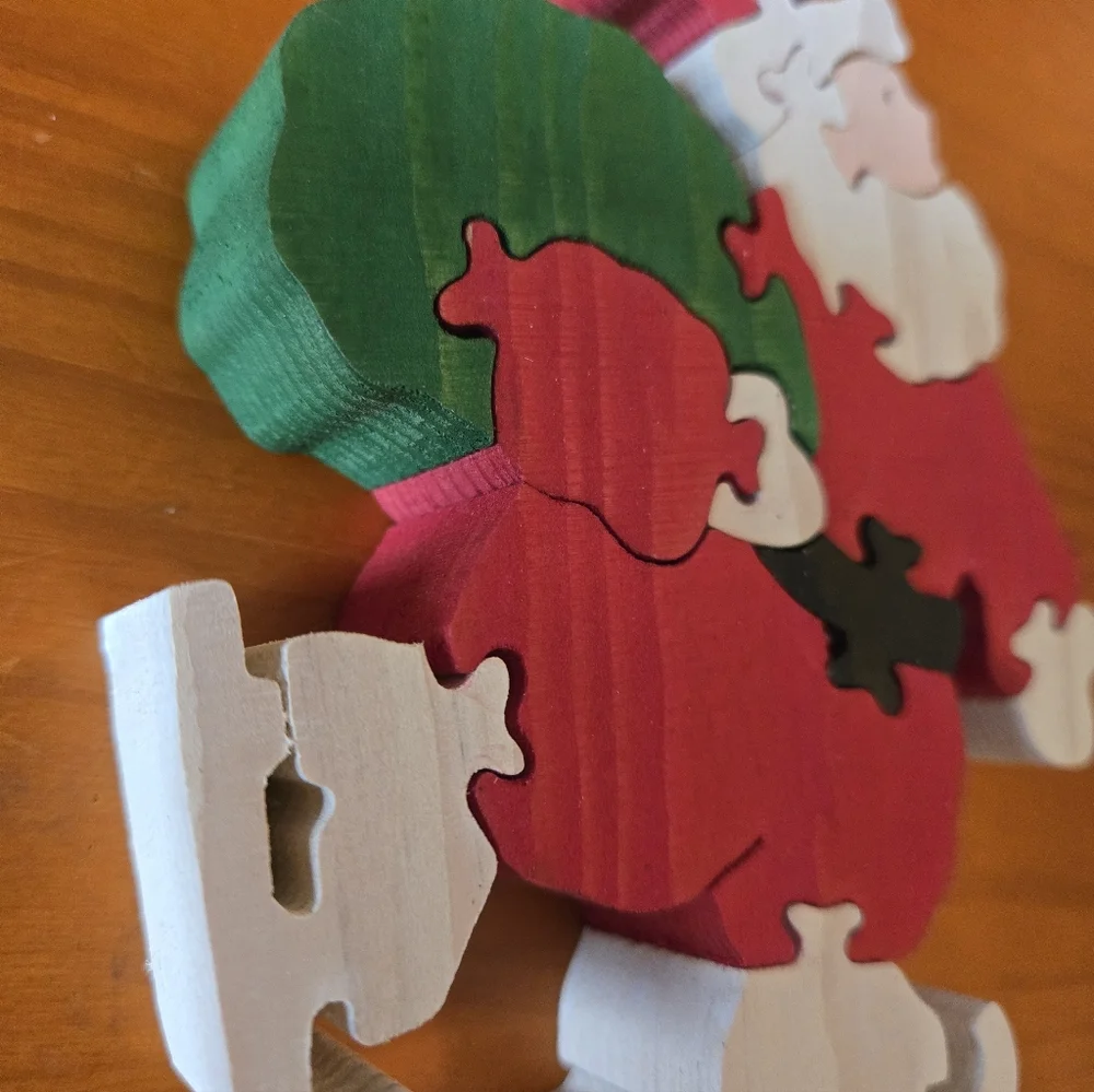 Vintage Dept 56 Wooden Double Sided‎ Skating Santa Puzzle EUC